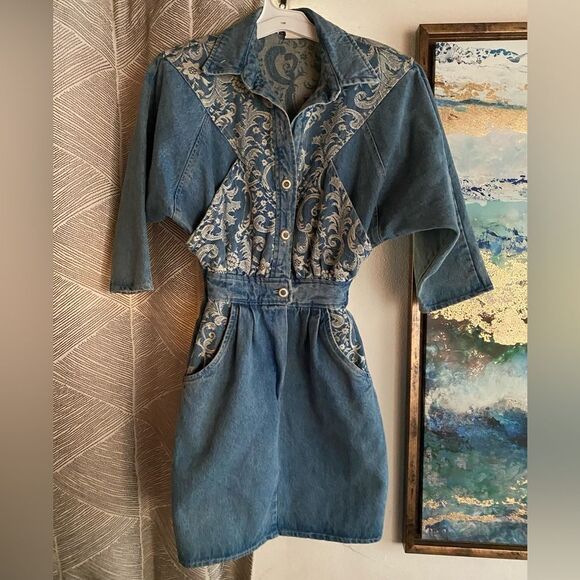 1980s In-Tice-Ment Dolman Sleeve Denim Dress Shoulder Pads Size 0 Embroidered - Picture 1 of 16